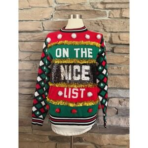 Tipsy Elves Naughty or Nice Flip Sequin Christmas Sweater Womens Medium Red